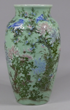 Ko-Seto Celadon with Painted Birds and Flowers Design - AAA+